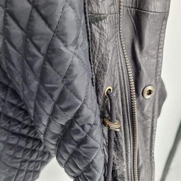 Vintage 80's John Ashford Leather Coat Anorak Jacket Collared Drawstring Black L - Picture 13 of 16